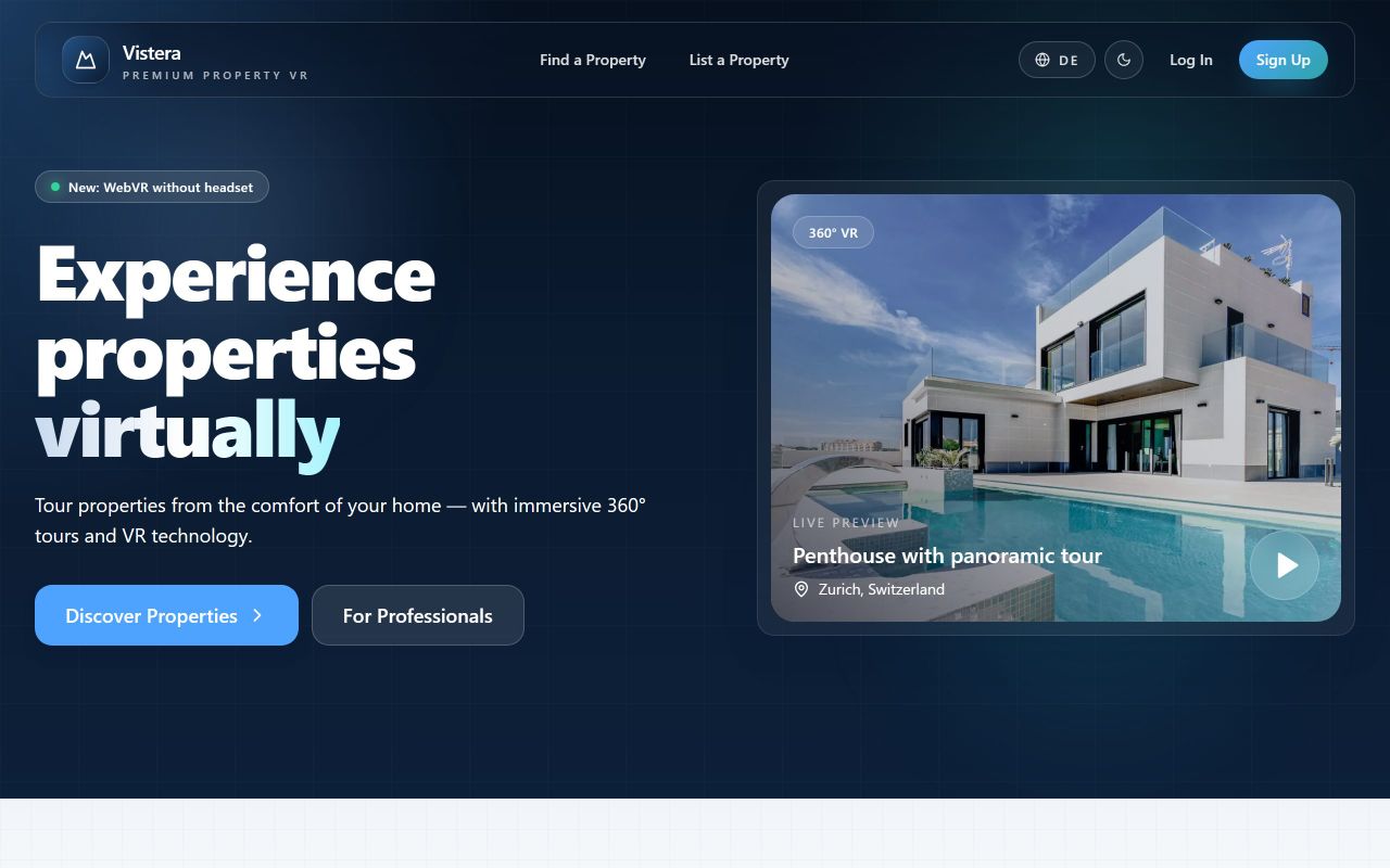 Startseite der Vistera-Plattform für virtuelle 360°-Immobilienbesichtigungen